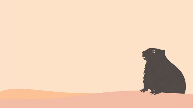 Groundhog Day minimalist vector design, groundhog silhouette on warm pastel color background, clean layout with large copy space in the center for text