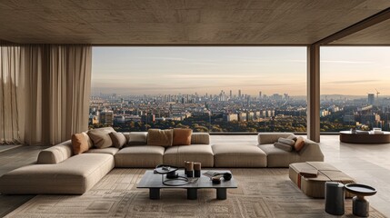 A modern living space with a comfortable sofa, throw pillows, a coffee table and elegant furniture complemented by a large window and lush indoor plants.