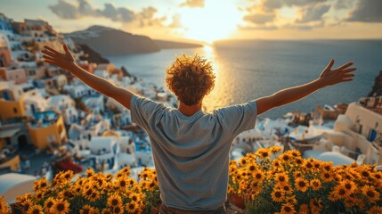 Sunset Serenity: A Man Embraces the Greek Island Vista