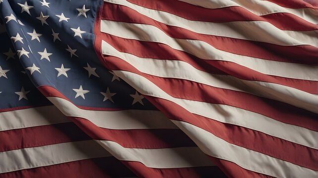 A close-up of a detailed, gently wrinkled American flag fabric with realistic textures and a wide area for text overlay. For Presidents' Day.
