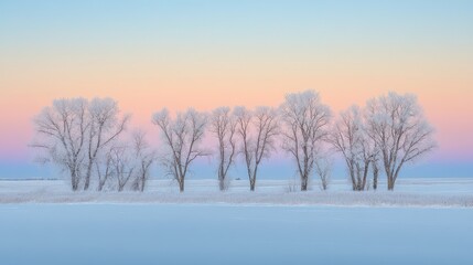 A serene winter scene depicting a snow-covered landscape with frosted trees, bathed in the soft light of sunrise.