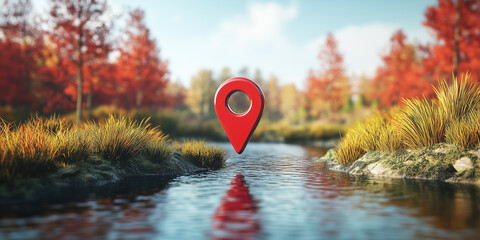 Red Location Pin Hovering Over Lush Riverbank with Vibrant Scenery, Travel Concept, Generative AI