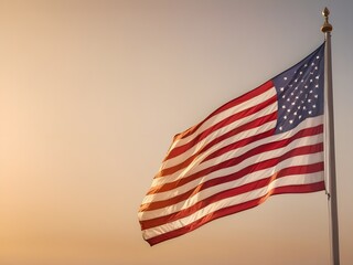 A billowing American flag illuminated by warm golden light, with space for text in the blurred background. For Presidents' Day.
