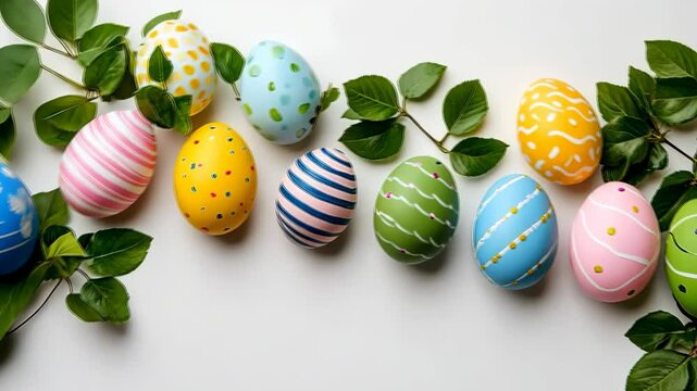 Colorful Easter eggs with spring flowers on a white background. Festive frame made of colorful eggs. With a copy space. Generative 4k video