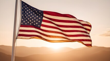 A billowing American flag illuminated by warm golden light, with space for text in the blurred background. For Presidents' Day.
