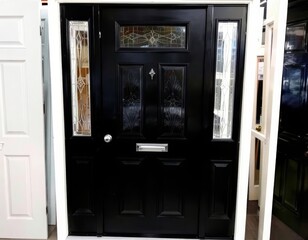 Elegant black door with etched glass sidelights and decorative panel design