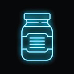 Bright blue neon sign depicting a jar with blank label, glowing on black background
