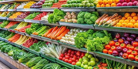 Fresh vegetables arranged on a shelf in a supermarket , food, aisle,  food