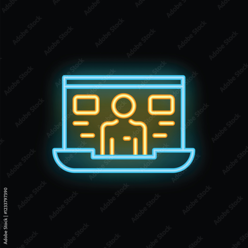 Poster neon laptop displaying a user icon with data, representing online identity verification process