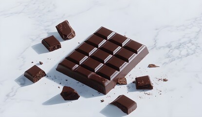 A single chocolate bar, broken into pieces and scattered around it on a white background, 3D illustration style, digital art, product photography, high resolution, hyper-realistic, ultra-detailed, 
