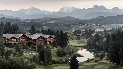 Fototapeta premium Mountain luxury homes, golf course, dusk. Landscapes