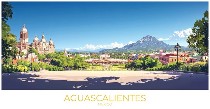 Aguascalientes Mexico Travel Poster Flat Illustration Print Decor Gift Canvas Wall Art