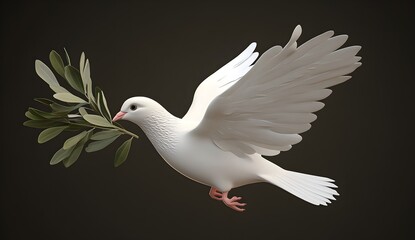 Fototapeta premium A white dove with an olive branch in its beak, flying against a black background. 3D effect, illustration style, simple, vector art, symmetrical composition, high resolution, high quality, dark 