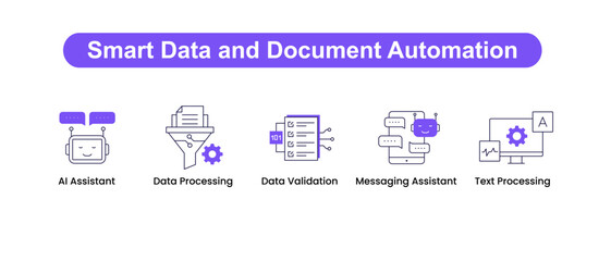Smart Data and Document Automation. Icons included: AI Assistant, Messaging Assistant, Data Processing, Data Validation, Text Processing.
