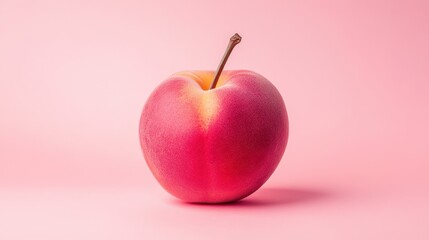 A single ripe peach fruit is set against a minimal peach fuzz color background, emphasizing its natural beauty and vibrant hue.