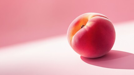 A single ripe peach fruit is set against a minimal peach fuzz color background, emphasizing its natural beauty and vibrant hue.