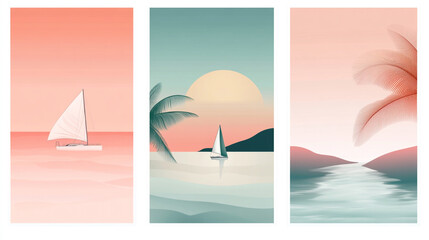 Obraz premium A minimalist illustration featuring a sailboat gliding across the water at sunset, framed by soft, vivid colors, Tropical Beach Scene Illustrations With Palm Trees, Ocean, and Mountains