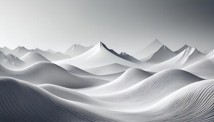 Stunning White Landscape with Majestic Mountains and Rolling Hills Bathed in Soft Light at Dusk