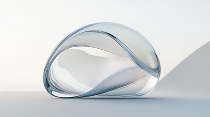 A sleek 3D render of an abstract glass shape featuring smooth, translucent surfaces and elegant curves.