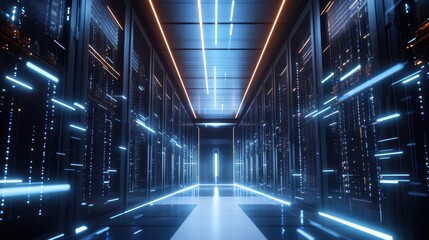Fototapeta premium A sleek and high-tech data center featuring server racks that emit a futuristic glow, showcasing modern digital infrastructure.