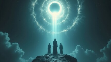 Obraz premium people standing in front of Eclipse patrol the tower and the divine light glowing like blue circle divine light