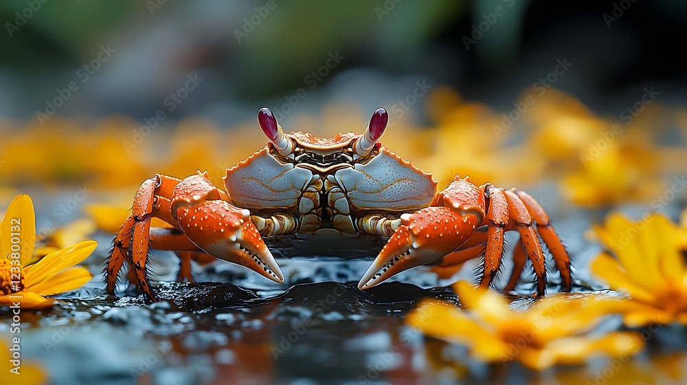 Poster striking image of a red crab captured in high resolution with intricate textures illuminated softly 