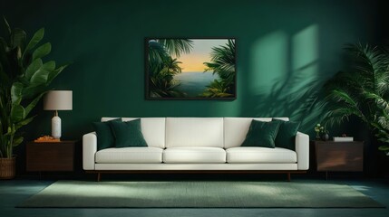 Inviting Spring Living Room with Mockup Poster, Wooden Sideboard, White Sofa, Green Stand, Plants, and Stylish Lamp