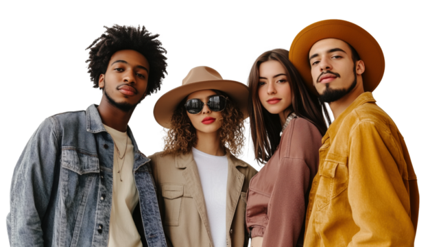 Stylish Multiethnic Friends Posing Casual Isolated on Transparent Background