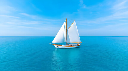 Fototapeta premium White classic sailboat sailing on calm turquoise ocean water under bright blue sky during daytime.