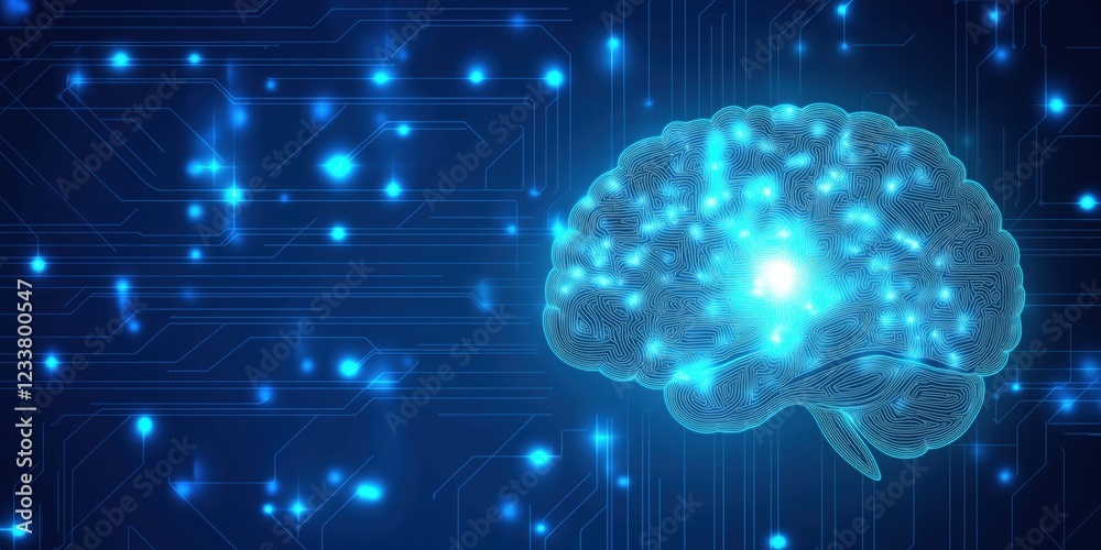 Poster digital brain illustration with circuit patterns and glowing blue lights representing artificial int