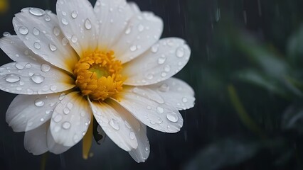 rain drops cover a flower in the middle of the garden area as it rains down