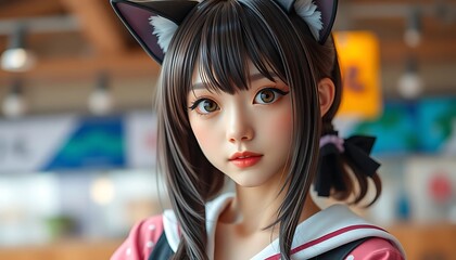 Anime Girl Portrait: Soft Lighting, Cat Ears, and Dreamy Expression
