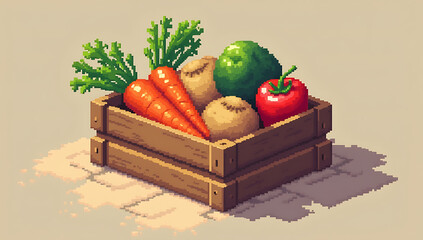 "A pixelated 8-bit wooden crate filled with vegetables like carrots, tomatoes, and potatoes for a 2D side-scrolling game."
