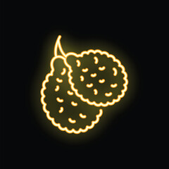 Glowing neon sign depicting two lychee fruits attached to a branch, illuminated against a dark backdrop