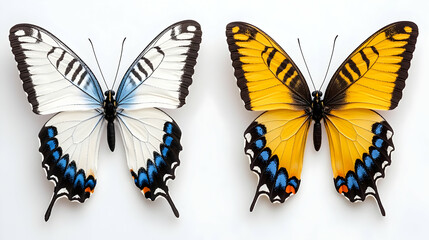 Naklejka premium Two butterflies, white and yellow, studio shot, white background, nature photography