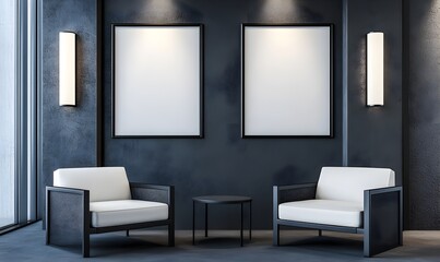 Modern living room with two empty picture frames on the wall, in a mockup style, with soft daylight, neutral colors, high-resolution photography, high detail, and high quality. 