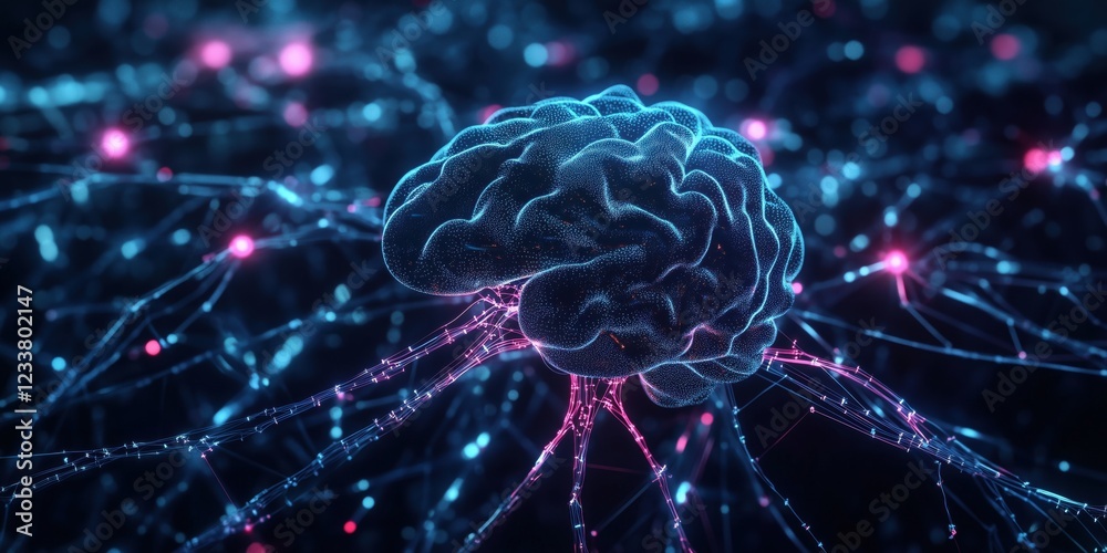 Poster neural network visualization with glowing brain and interconnected nodes representing synapses and n