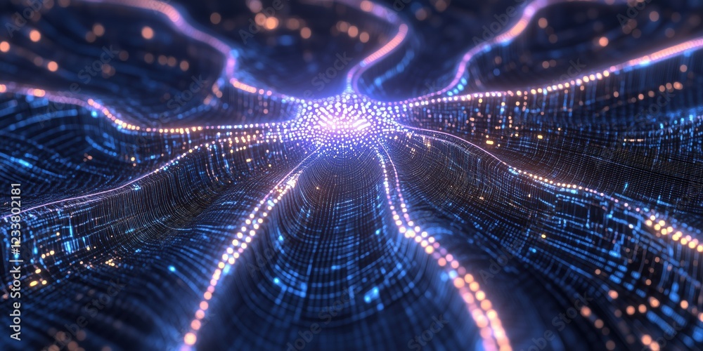 Poster abstract digital landscape with glowing lines and nodes, representing interconnected data streams an
