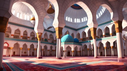 Sunlit interior of a grand mosque with ornate arches, columns, and vibrant carpeting.