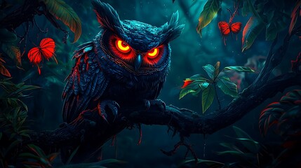 Majestic owl with glowing eyes perched in a vibrant jungle, surrounded by colorful butterflies