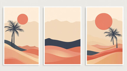 Obraz premium Abstract colorful landscape poster collection. Set of contemporary art print templates. Tropical Beach Sunset Illustration Set With Palm Trees and Ocean Waves