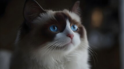 Ragdoll cat with blue eyes, looking out the window on a rainy day. Photorealistic, high-resolution photography with cinematic lighting. 