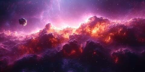 Fototapeta premium Cosmic Nebula: A fiery spectacle of celestial clouds and a lone asteroid in a vibrant purple and orange expanse