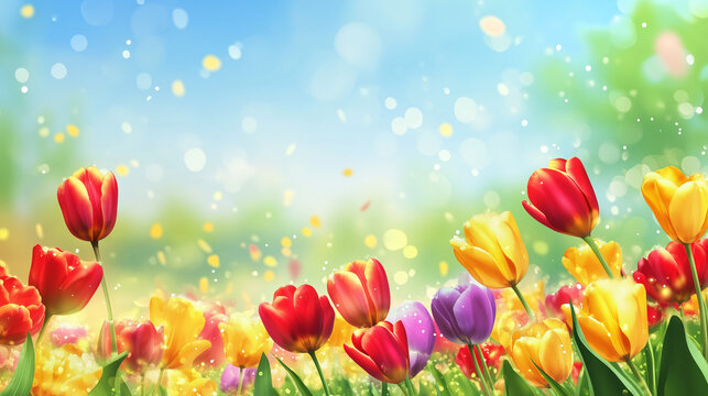 Tulip Time Festival banner with sky blue and bright green gradient background, vast field full of blooming red, yellow and purple tulips