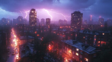 Fototapeta premium Stormy City Nightscape: A Dramatic View of City Under Thunderstorm