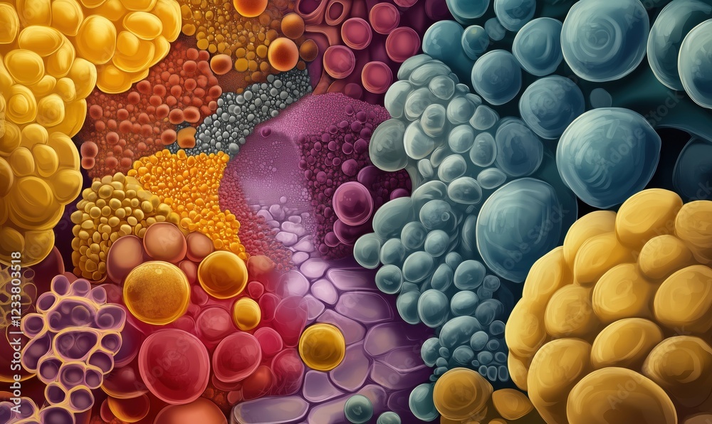Poster colorful abstract representation of cellular structures and microorganisms showcasing vibrant textur