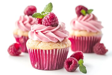 Tasty raspberry cupcakes isolated on white background