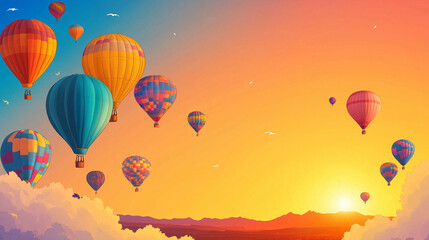 Naklejka premium Albuquerque International Balloon Fiesta banner with bright sky blue and golden orange gradient background, colorful hot air balloons in various patterns floating