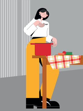 Modern woman cooking in her kitchen. Cute lady cartoon character. Vector illustration.
