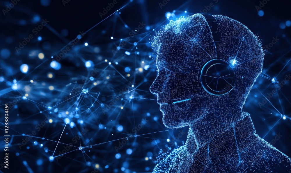 Poster digital silhouette of a man with headset against a backdrop of interconnected data points and lines,